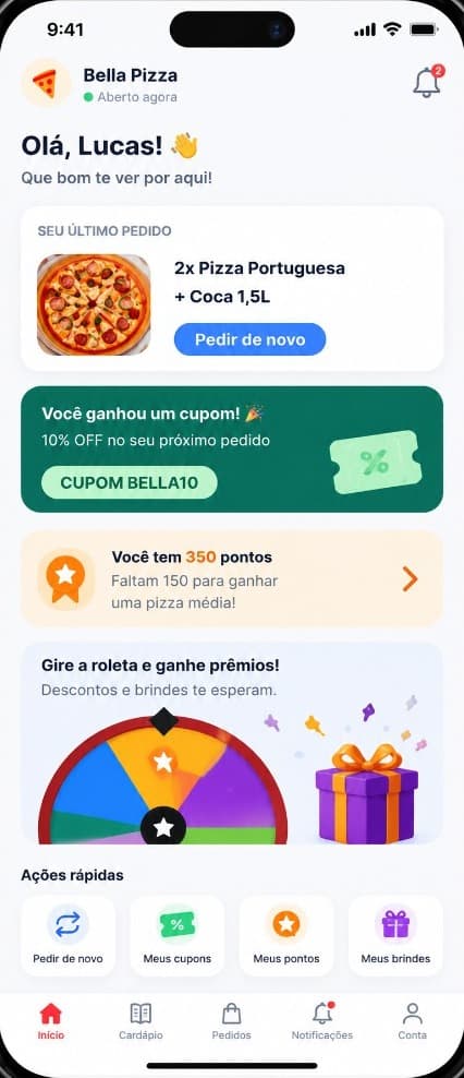Bella Pizza. Olá, Lucas! Último pedido com botão Pedir de novo, cupom, pontos e roleta.